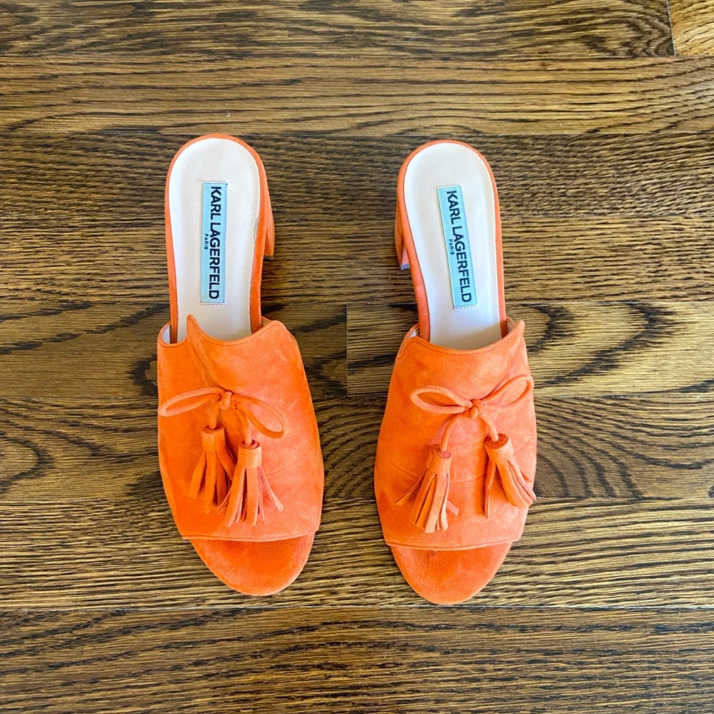 Karl Lagerfeld orange suede shoes. 7.5